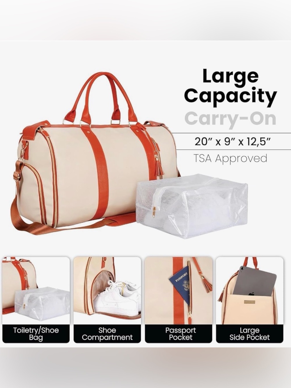 The Classic Cream and Orange Travel Duffel Bag with Shoe Compartment